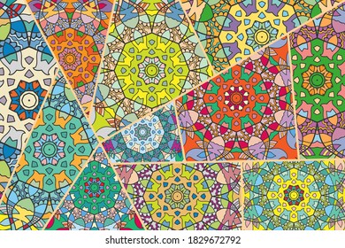 Vector patchwork quilt pattern. Vintage decorative collage. Hand drawn background. Indian, Arabic, Turkish motifs for printing on fabric or paper. Abstract colorful doodle pattern in mosaic style