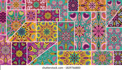Vector patchwork quilt pattern. Vintage decorative collage. Hand drawn background. Indian, Arabic, Turkish motifs for printing on fabric or paper. Abstract colorful doodle pattern in mosaic style