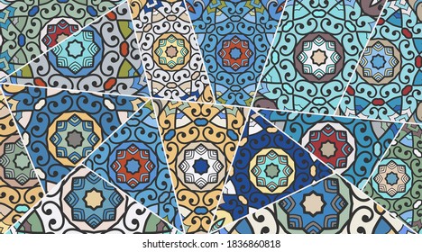 Vector patchwork quilt pattern. Vintage decorative collage. Hand drawn background. Indian, Arabic, Turkish motifs for printing on fabric or paper. Abstract colorful doodle pattern in mosaic style