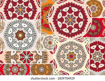 Vector patchwork quilt pattern. Vintage decorative collage. Hand drawn background. Indian, Arabic, Turkish motifs for printing on fabric or paper. Abstract colorful doodle pattern in mosaic style