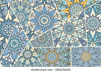 Vector patchwork quilt pattern. Vintage decorative collage. Hand drawn background. Indian, Arabic, Turkish motifs for printing on fabric or paper. Abstract colorful doodle pattern in mosaic style