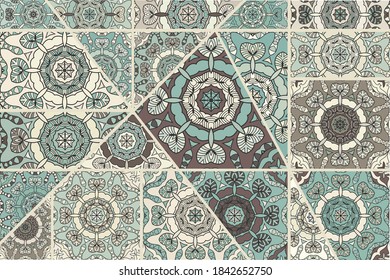 Vector patchwork quilt pattern. Vintage decorative collage. Hand drawn background. Indian, Arabic, Turkish motifs for printing on fabric or paper. Abstract colorful doodle pattern in mosaic style