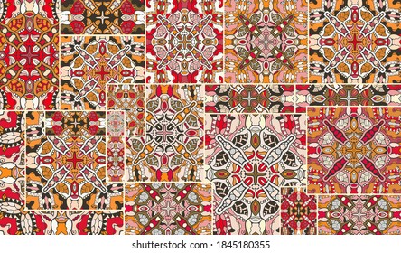 Vector patchwork quilt pattern. Vintage decorative collage. Hand drawn background. Indian, Arabic, Turkish motifs for printing on fabric or paper. Abstract colorful doodle pattern in mosaic style