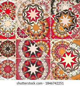 Vector patchwork quilt pattern. Vintage decorative collage. Hand drawn background. Indian, Arabic, Turkish motifs for printing on fabric or paper. Abstract colorful doodle pattern in mosaic style