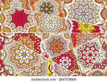 Vector patchwork quilt pattern. Vintage decorative collage. Hand drawn background. Indian, Arabic, Turkish motifs for printing on fabric or paper. Abstract colorful doodle pattern in mosaic style