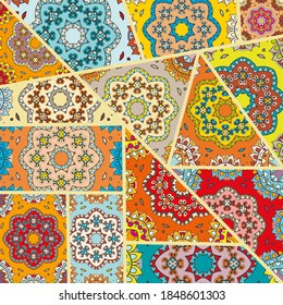 Vector patchwork quilt pattern. Vintage decorative collage. Hand drawn background. Indian, Arabic, Turkish motifs for printing on fabric or paper. Abstract colorful doodle pattern in mosaic style