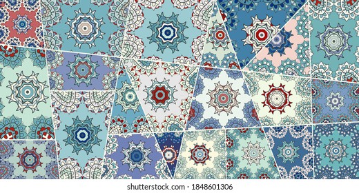 Vector patchwork quilt pattern. Vintage decorative collage. Hand drawn background. Indian, Arabic, Turkish motifs for printing on fabric or paper. Abstract colorful doodle pattern in mosaic style