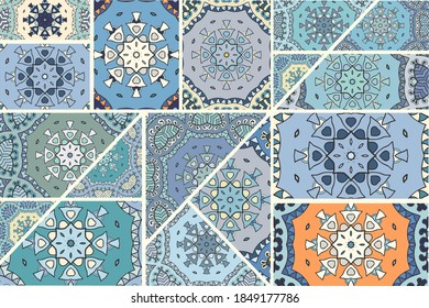 Vector patchwork quilt pattern. Vintage decorative collage. Hand drawn background. Indian, Arabic, Turkish motifs for printing on fabric or paper. Abstract colorful doodle pattern in mosaic style