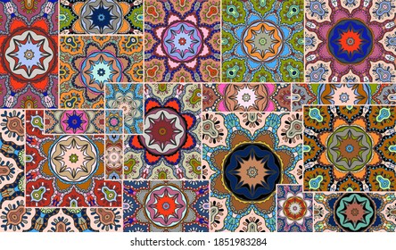 Vector patchwork quilt pattern. Vintage decorative collage. Hand drawn background. Indian, Arabic, Turkish motifs for printing on fabric or paper. Abstract colorful doodle pattern in mosaic style