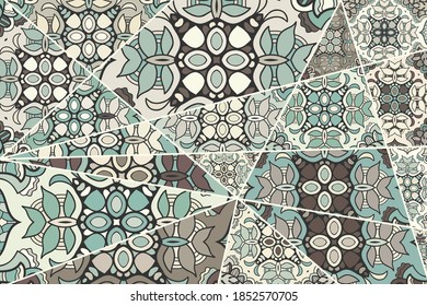 Vector patchwork quilt pattern. Vintage decorative collage. Hand drawn background. Indian, Arabic, Turkish motifs for printing on fabric or paper. Abstract colorful doodle pattern in mosaic style