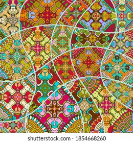 Vector patchwork quilt pattern. Vintage decorative collage. Hand drawn background. Indian, Arabic, Turkish motifs for printing on fabric or paper. Abstract colorful doodle pattern in mosaic style
