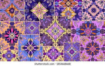 Vector patchwork quilt pattern. Vintage decorative collage. Hand drawn background. Indian, Arabic, Turkish motifs for printing on fabric or paper. Abstract colorful doodle pattern in mosaic style