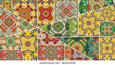 Vector patchwork quilt pattern. Vintage decorative collage. Hand drawn background. Indian, Arabic, Turkish motifs for printing on fabric or paper. Abstract colorful doodle pattern in mosaic style
