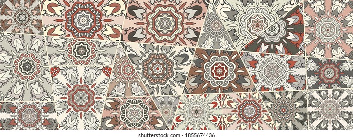 Vector patchwork quilt pattern. Vintage decorative collage. Hand drawn background. Indian, Arabic, Turkish motifs for printing on fabric or paper. Abstract colorful doodle pattern in mosaic style