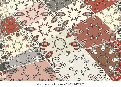 Vector patchwork quilt pattern. Vintage decorative collage. Hand drawn background. Indian, Arabic, Turkish motifs for printing on fabric or paper. Abstract colorful doodle pattern in mosaic style