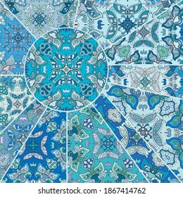 Vector patchwork quilt pattern. Vintage decorative collage. Hand drawn background. Indian, Arabic, Turkish motifs for printing on fabric or paper. Abstract colorful doodle pattern in mosaic style
