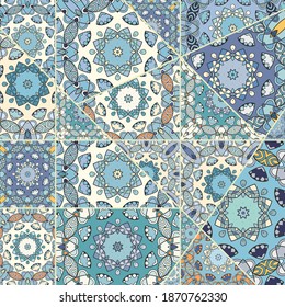 Vector patchwork quilt pattern. Vintage decorative collage. Hand drawn background. Indian, Arabic, Turkish motifs for printing on fabric or paper. Abstract colorful doodle pattern in mosaic style