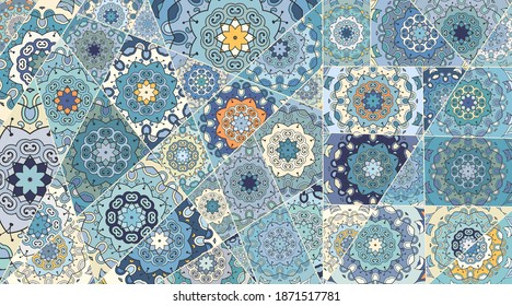 Vector patchwork quilt pattern. Vintage decorative collage. Hand drawn background. Indian, Arabic, Turkish motifs for printing on fabric or paper. Abstract colorful doodle pattern in mosaic style