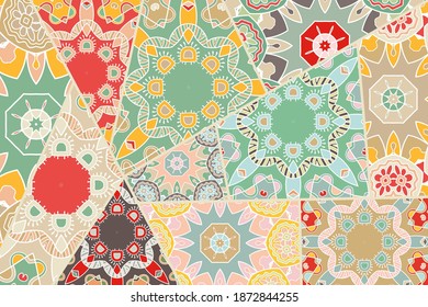 Vector patchwork quilt pattern. Vintage decorative collage. Hand drawn background. Indian, Arabic, Turkish motifs for printing on fabric or paper. Abstract colorful doodle pattern in mosaic style