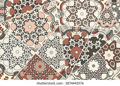 Vector patchwork quilt pattern. Vintage decorative collage. Hand drawn background. Indian, Arabic, Turkish motifs for printing on fabric or paper. Abstract colorful doodle pattern in mosaic style