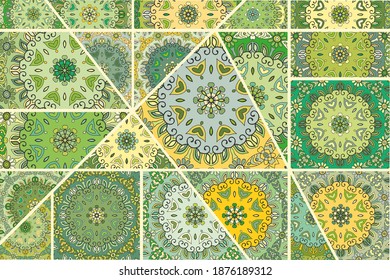 Vector patchwork quilt pattern. Vintage decorative collage. Hand drawn background. Indian, Arabic, Turkish motifs for printing on fabric or paper. Abstract colorful doodle pattern in mosaic style
