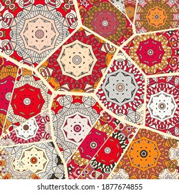 Vector patchwork quilt pattern. Vintage decorative collage. Hand drawn background. Indian, Arabic, Turkish motifs for printing on fabric or paper. Abstract colorful doodle pattern in mosaic style