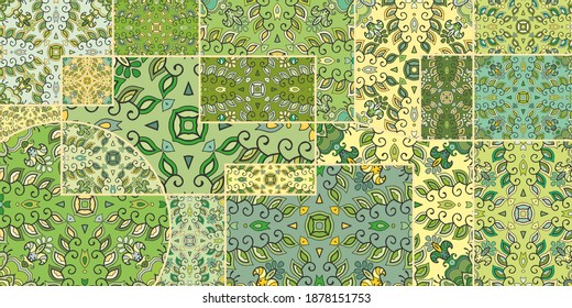 Vector patchwork quilt pattern. Vintage decorative collage. Hand drawn background. Indian, Arabic, Turkish motifs for printing on fabric or paper. Abstract colorful doodle pattern in mosaic style