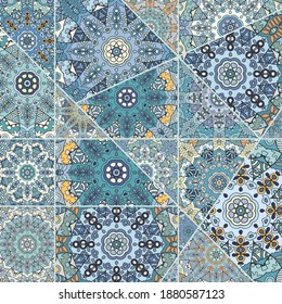Vector patchwork quilt pattern. Vintage decorative collage. Hand drawn background. Indian, Arabic, Turkish motifs for printing on fabric or paper. Abstract colorful doodle pattern in mosaic style