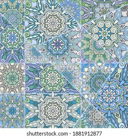 Vector patchwork quilt pattern. Vintage decorative collage. Hand drawn background. Indian, Arabic, Turkish motifs for printing on fabric or paper. Abstract colorful doodle pattern in mosaic style