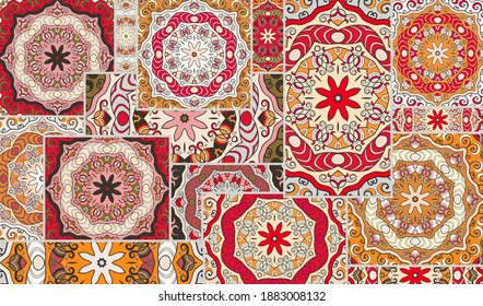 Vector patchwork quilt pattern. Vintage decorative collage. Hand drawn background. Indian, Arabic, Turkish motifs for printing on fabric or paper. Abstract colorful doodle pattern in mosaic style