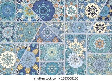 Vector patchwork quilt pattern. Vintage decorative collage. Hand drawn background. Indian, Arabic, Turkish motifs for printing on fabric or paper. Abstract colorful doodle pattern in mosaic style