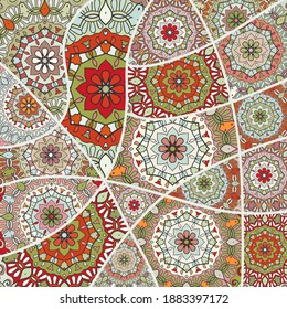 Vector patchwork quilt pattern. Vintage decorative collage. Hand drawn background. Indian, Arabic, Turkish motifs for printing on fabric or paper. Abstract colorful doodle pattern in mosaic style