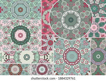 Vector patchwork quilt pattern. Vintage decorative collage. Hand drawn background. Indian, Arabic, Turkish motifs for printing on fabric or paper. Abstract colorful doodle pattern in mosaic style