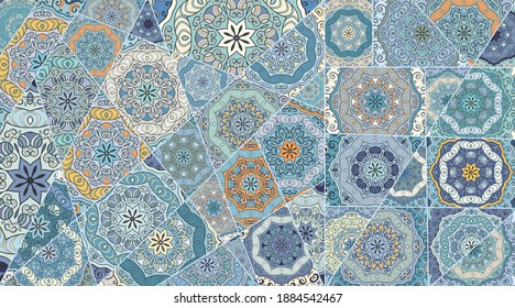 Vector patchwork quilt pattern. Vintage decorative collage. Hand drawn background. Indian, Arabic, Turkish motifs for printing on fabric or paper. Abstract colorful doodle pattern in mosaic style