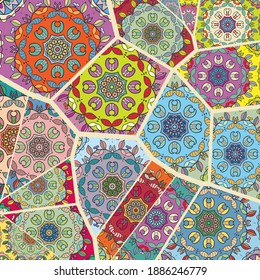 Vector patchwork quilt pattern. Vintage decorative collage. Hand drawn background. Indian, Arabic, Turkish motifs for printing on fabric or paper. Abstract colorful doodle pattern in mosaic style