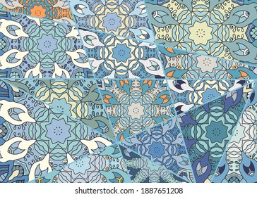 Vector patchwork quilt pattern. Vintage decorative collage. Hand drawn background. Indian, Arabic, Turkish motifs for printing on fabric or paper. Abstract colorful doodle pattern in mosaic style