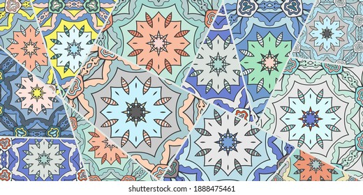Vector patchwork quilt pattern. Vintage decorative collage. Hand drawn background. Indian, Arabic, Turkish motifs for printing on fabric or paper. Abstract colorful doodle pattern in mosaic style