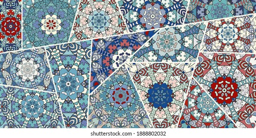 Vector patchwork quilt pattern. Vintage decorative collage. Hand drawn background. Indian, Arabic, Turkish motifs for printing on fabric or paper. Abstract colorful doodle pattern in mosaic style
