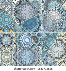 Vector patchwork quilt pattern. Vintage decorative collage. Hand drawn background. Indian, Arabic, Turkish motifs for printing on fabric or paper. Abstract colorful doodle pattern in mosaic style