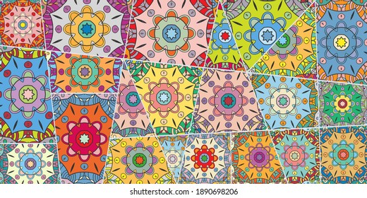 Vector patchwork quilt pattern. Vintage decorative collage. Hand drawn background. Indian, Arabic, Turkish motifs for printing on fabric or paper. Abstract colorful doodle pattern in mosaic style