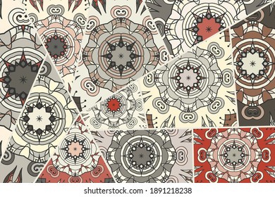 Vector patchwork quilt pattern. Vintage decorative collage. Hand drawn background. Indian, Arabic, Turkish motifs for printing on fabric or paper. Abstract colorful doodle pattern in mosaic style