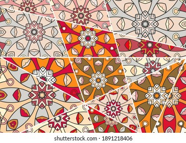 Vector patchwork quilt pattern. Vintage decorative collage. Hand drawn background. Indian, Arabic, Turkish motifs for printing on fabric or paper. Abstract colorful doodle pattern in mosaic style