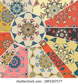 Vector patchwork quilt pattern. Vintage decorative collage. Hand drawn background. Indian, Arabic, Turkish motifs for printing on fabric or paper. Abstract colorful doodle pattern in mosaic style