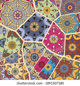 Vector patchwork quilt pattern. Vintage decorative collage. Hand drawn background. Indian, Arabic, Turkish motifs for printing on fabric or paper. Abstract colorful doodle pattern in mosaic style