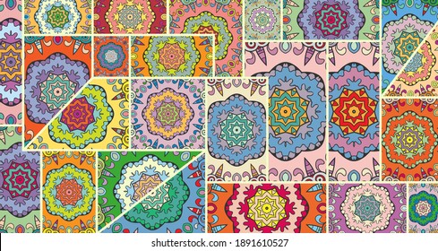Vector patchwork quilt pattern. Vintage decorative collage. Hand drawn background. Indian, Arabic, Turkish motifs for printing on fabric or paper. Abstract colorful doodle pattern in mosaic style