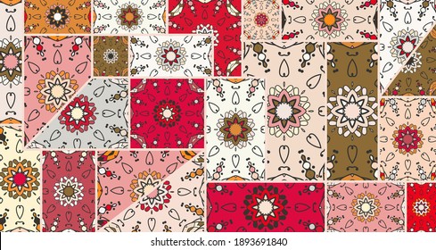 Vector patchwork quilt pattern. Vintage decorative collage. Hand drawn background. Indian, Arabic, Turkish motifs for printing on fabric or paper. Abstract colorful doodle pattern in mosaic style