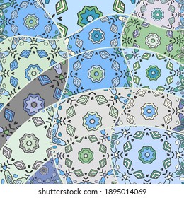Vector patchwork quilt pattern. Vintage decorative collage. Hand drawn background. Indian, Arabic, Turkish motifs for printing on fabric or paper. Abstract colorful doodle pattern in mosaic style