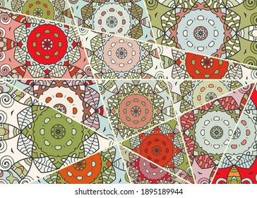 Vector patchwork quilt pattern. Vintage decorative collage. Hand drawn background. Indian, Arabic, Turkish motifs for printing on fabric or paper. Abstract colorful doodle pattern in mosaic style