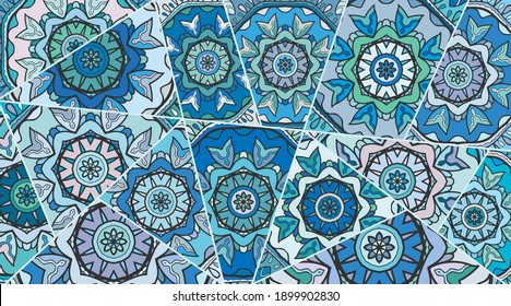 Vector patchwork quilt pattern. Vintage decorative collage. Hand drawn background. Indian, Arabic, Turkish motifs for printing on fabric or paper. Abstract colorful doodle pattern in mosaic style