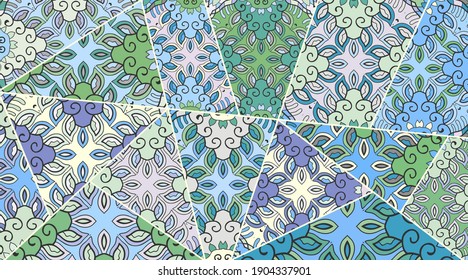 Vector patchwork quilt pattern. Vintage decorative collage. Hand drawn background. Indian, Arabic, Turkish motifs for printing on fabric or paper. Abstract colorful doodle pattern in mosaic style